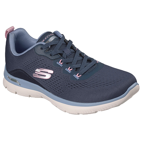 Navy blue sneaker with light blue accents on a white background