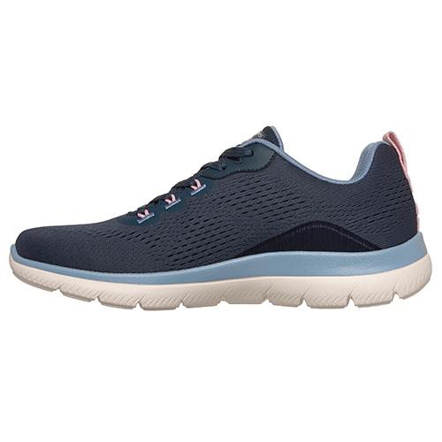 Navy running shoe with white sole on a white background