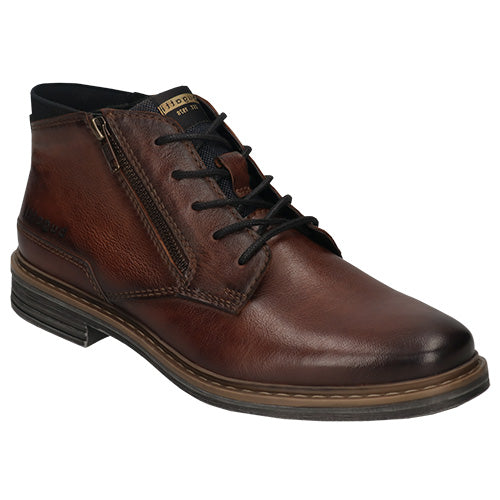 A brown leather ankle boot with a side zipper, black laces, and a black sole, shown from a angle side profile view on a white background.
