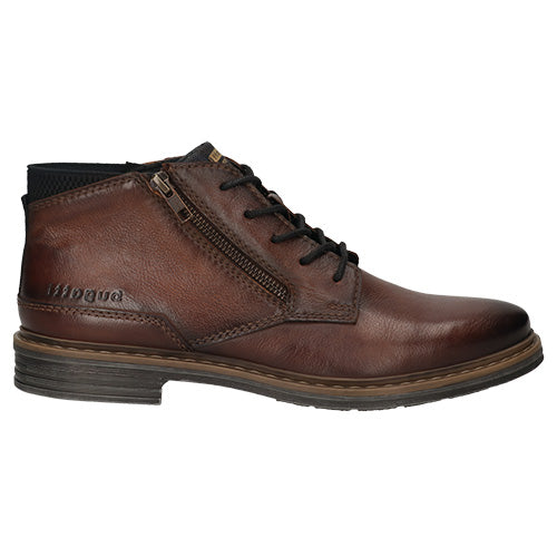 A brown leather ankle boot with a side zipper, black laces, and a black sole, shown from a side profile view on a white background.