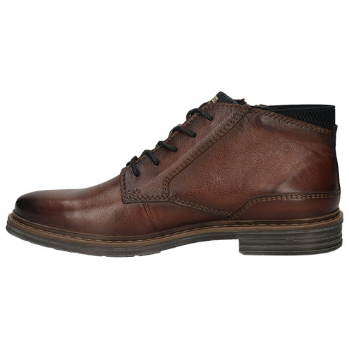 A brown leather ankle boot with a side, black laces, and a black sole, shown from a side profile view on a white background.