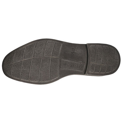 The black rubber outsole of a shoe, showing the tread pattern,  &