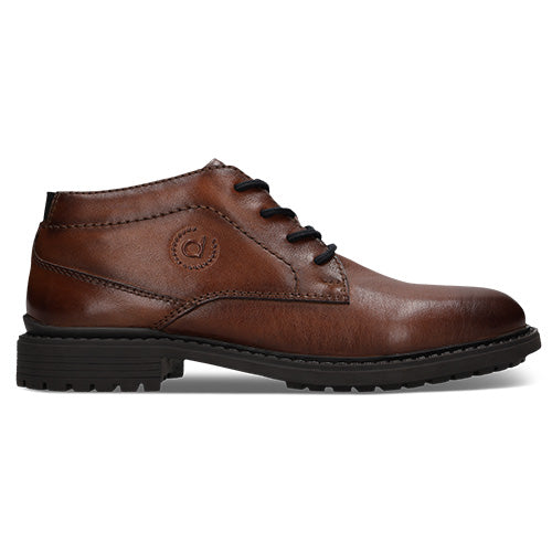 A brown leather lace-up ankle boot with black laces and a black sole, shown from a side on a white background.