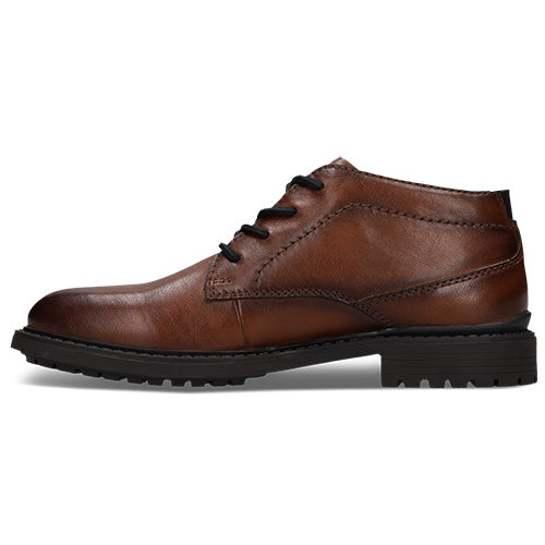 A brown leather ankle boot with black laces and a black lug sole, shown in a side profile view against a white background.