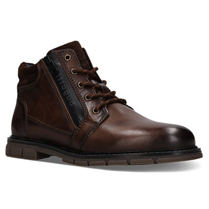 A dark brown leather ankle boot with a side zipper, lace-up front, and a thick lug sole, shown from a three-quarters angle on a white background.