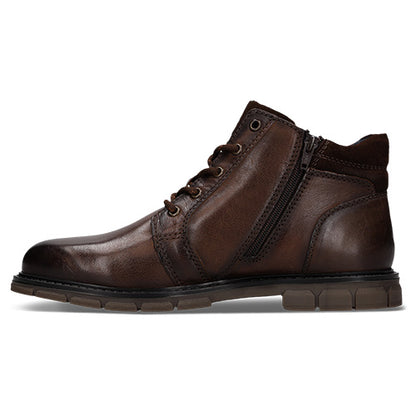 A dark brown leather ankle boot with a side zipper, lace-up front, and a rugged sole, shown from a side profile on a white background.