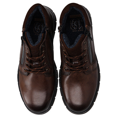 A pair of dark brown leather lace-up ankle boots with a dark blue fleece lining, shown from a top-down view on a white background.