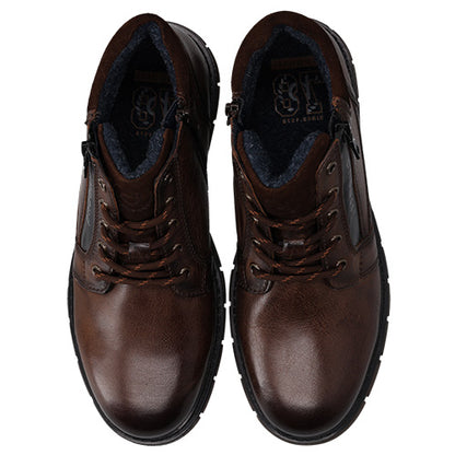 A pair of dark brown leather lace-up ankle boots with a dark blue fleece lining, shown from a top-down view on a white background.