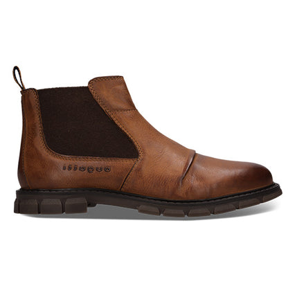 A single brown leather Chelsea boot with a dark brown elastic side panel, shown from a side view on a white background.