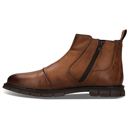 A single brown leather Chelsea boot with a dark brown zip, shown from a side view angle on a white background.