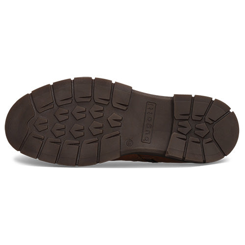 Brown rubber sole of a boot, featuring a deep, chunky tread pattern with multiple textured sections for added grip, shown against a white background.
