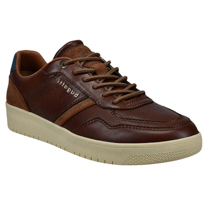 A brown leather low-top casual shoe with matching brown laces, a cream-colored midsole, shown against a plain white background.
