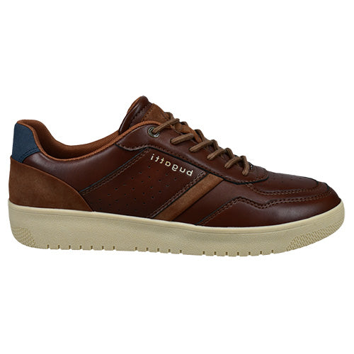 A brown leather low-top casual shoe with a cream-colored sole, featuring a navy heel accent and six eyelets.