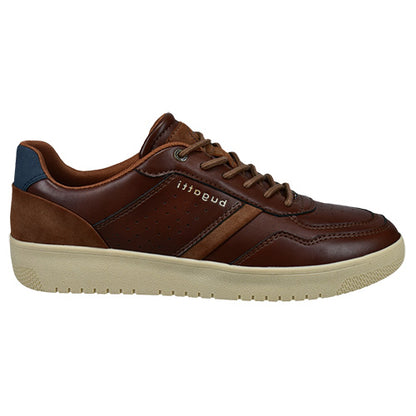 A brown leather low-top casual shoe with a cream-colored sole, featuring a navy heel accent and six eyelets.