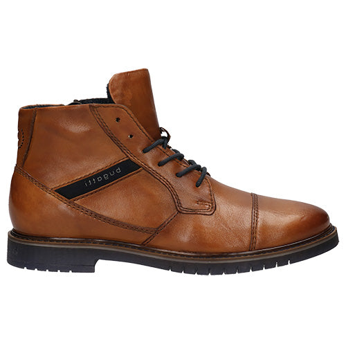 A brown leather ankle boot with black laces and a black sole, shown from a side profile view on a white background.