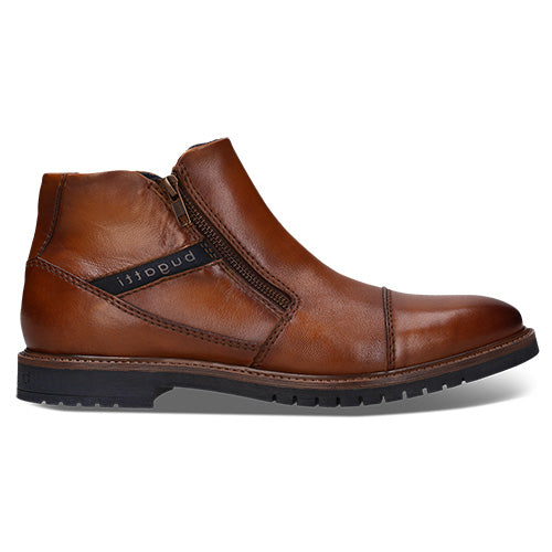 Brown Bugatti ankle boot, set against a white background