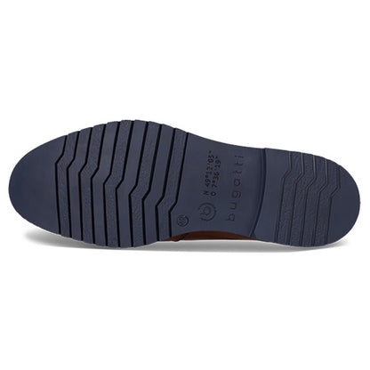 Navy sole of a Brown Bugatti ankle boot, set against a white background