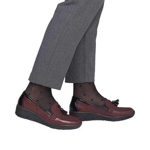 Rieker Ladies Low Wedge Loafers - 53771 - Burgundy