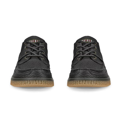 A pair of black textured leather lace-up shoes with gum rubber soles, shown from the front on a white background.