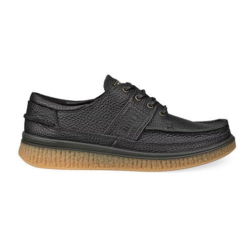 A black textured leather lace-up shoe with a thick, ribbed gum sole, shown in a side profile on a white background.