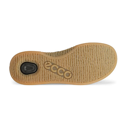 The textured tan rubber outsole of an Ecco shoe, featuring the embossed ECCO logo and a circular black heel pad, shown against a plain white background.