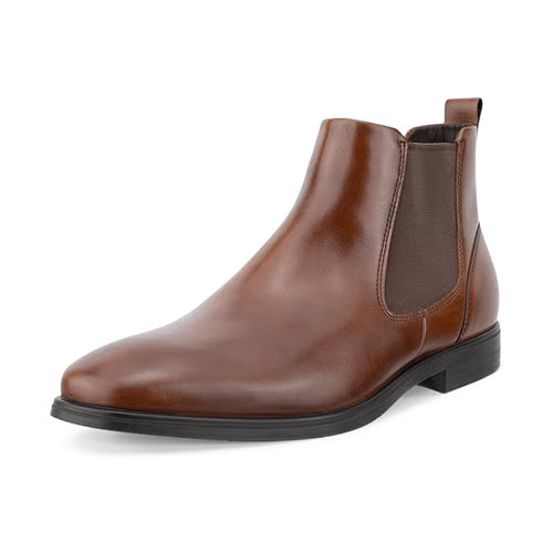 A brown leather Chelsea boot with dark brown elastic side panels and a black sole, shown from a three-quarters angle on a white background.