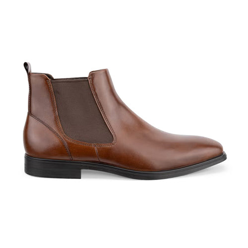 A brown leather Chelsea boot with a dark brown elastic side panel and a black sole, shown in a side profile on a white background.