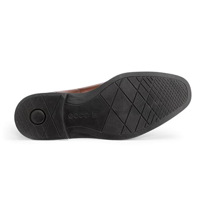The black rubber outsole of an Ecco shoe, showing the brand name embossed on the heel and a textured tread pattern, photographed against a white background.