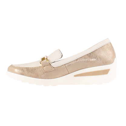 Gold loafer shoe on a white background

