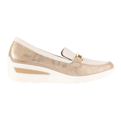 Gold loafer shoe on a white background

