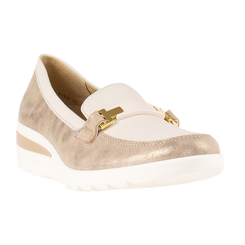 Gold loafer shoe on a white background

