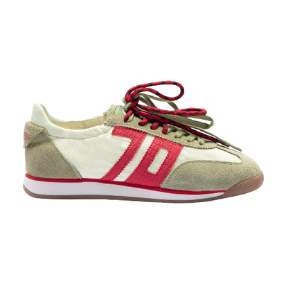 A Back 70 sneaker shown in profile against a plain white background. The shoe features a cream suede upper with olive green suede overlays, a bold red side stripe design, red-and-black patterned laces, and a white midsole.