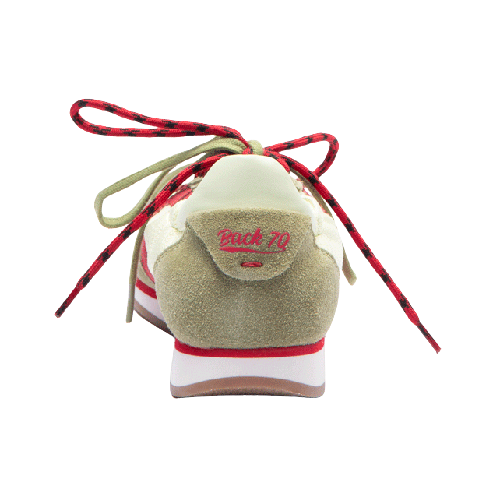A rear view of a Back 70 with a chunky heel, featuring a light olive green suede upper, cream mesh panels, red and black patterned laces, and a red heel tab with the text &
