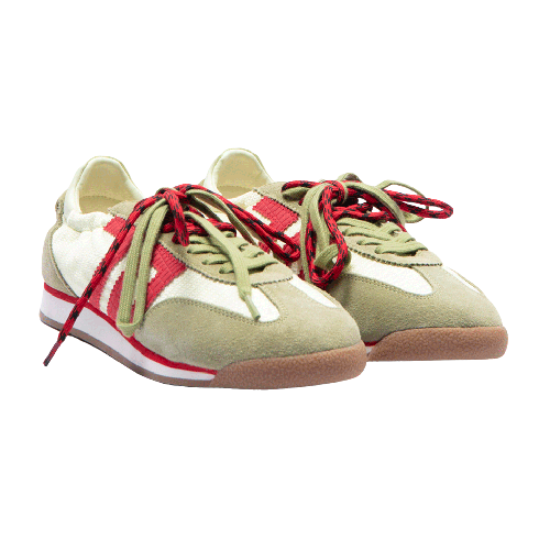 A pair of Back 70 shoes in olive green suede and white leather, featuring red and black patterned laces, red side stripes, and a gum sole.