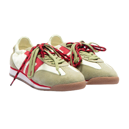 A pair of Back 70 shoes in olive green suede and white leather, featuring red and black patterned laces, red side stripes, and a gum sole.