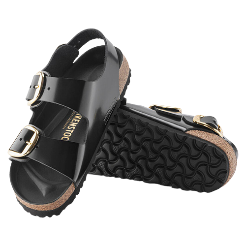 Birkenstock Ladies Back Strap Patent Sandals Milano Big Buckle Black