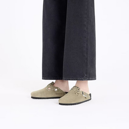 Birkenstock Ladies Suede Clogs - Boston Rivet - Taupe