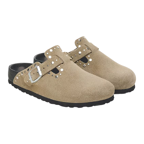 Birkenstock Ladies Suede Clogs - Boston Rivet - Taupe