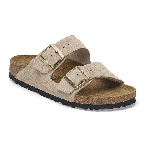 Birkenstock sandal - Arizona - Sandcastle with gold buckles shown at a side angle on a white background
