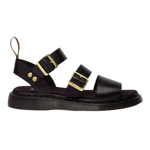 Black sandal with gold buckles on a white background
