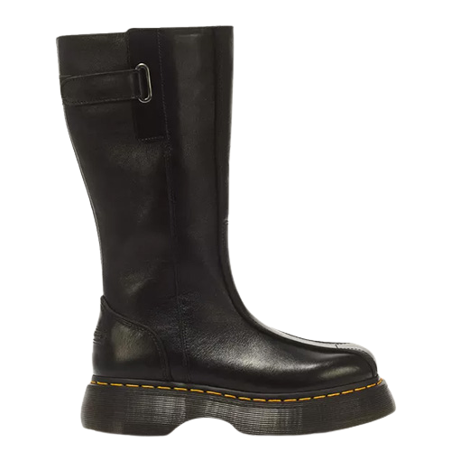 A single black leather mid-calf boot with a side buckle strap, set against a plain white background.
