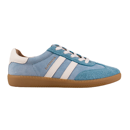 Blue Trainer  with white stripes and brown sole on a white background