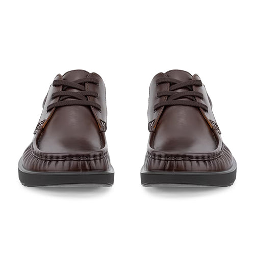 A pair of dark brown leather lace-up shoes with textured soles, shown from the front on a white background.