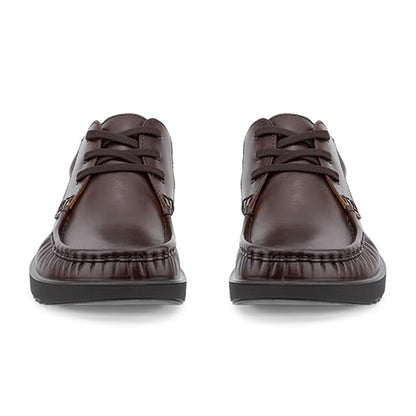 A pair of dark brown leather lace-up shoes with textured soles, shown from the front on a white background.