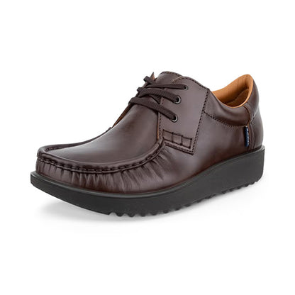 A dark brown leather lace-up shoe with a thick black platform sole, shown from a three-quarters angle on a white background.