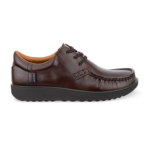 A dark brown leather lace-up shoe with a thick black sole, shown in a side profile view against a plain white background.