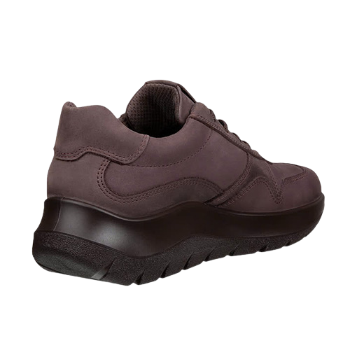 A burgundy lace up  sneaker with a textured matte upper, matching dark brown laces, and a chunky dark brown sole, shown from a three-quarters angle on a white background.