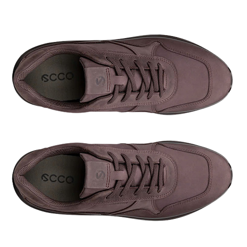 A pair of ECCO low-top sneakers shown from a top-down view, featuring a burgundy suede and textile upper with matching dark laces and dark brown soles.