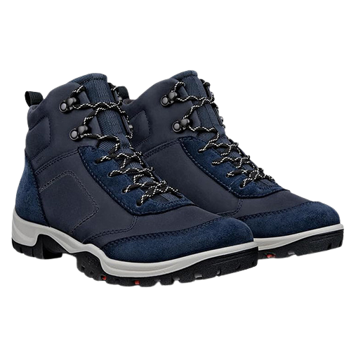 A pair of navy blue hiking boots with black laces, black outsole tread, and white midsoles, shown against a plain white background.