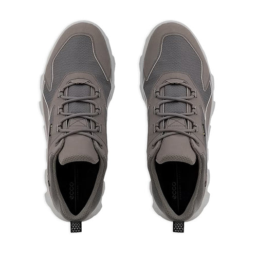 A pair of grey athletic shoes shown from a top-down view on a plain white background.